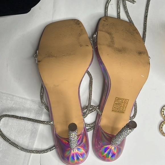 Wrap Around Sz 7.5 Soft Crystal Embossed Wraparound Pink Purple Metallic Heels - Picture 15 of 16